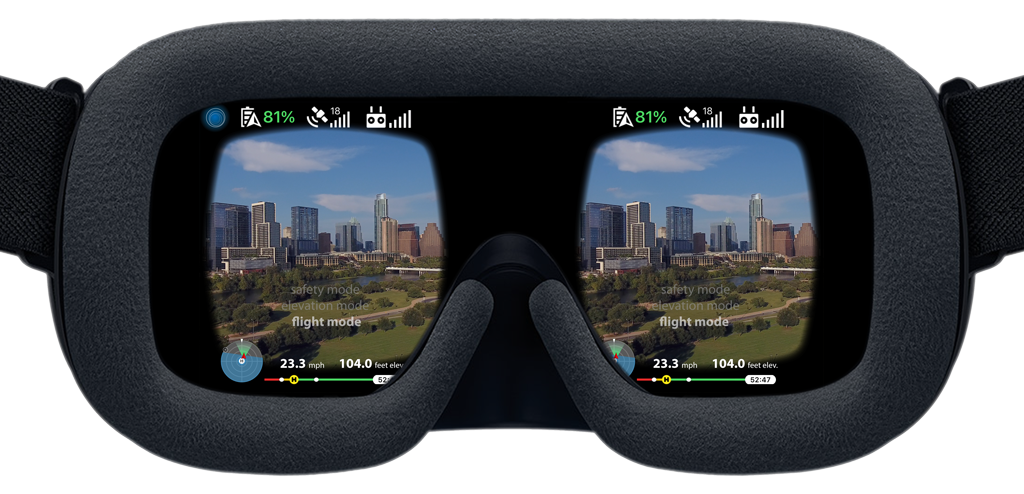 View of downtown Austin in Teleport App mounted in stereoscopic VR headset goggles, flying 23.3 miles per hour at 104 feet elevation.
